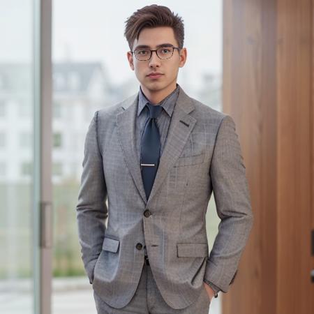 Realistic,  (masterpiece, best_quality:1.1), a man wearing glasses  standing in front of a glass door with a cross on it, zegna, Drop+7, Double vents, Notch lapels, Flap pockets, 2-button closure, Fully lined, Deconstructed, 100%+Wool, Grey, suits, young, wearing a undercloth and tie, oxford knot