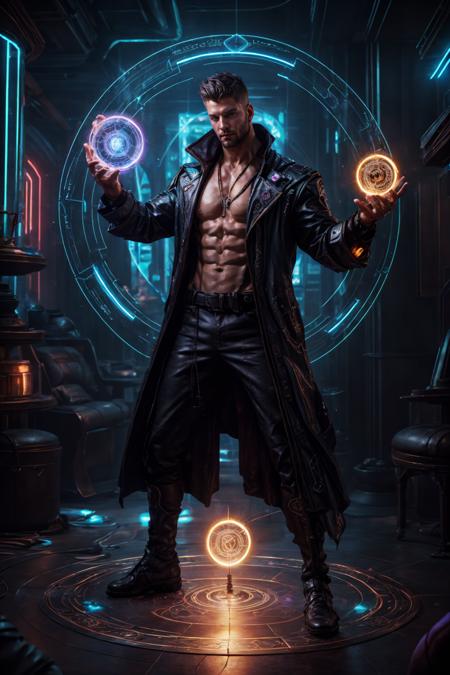 realistic, ((masterpiece)), ((best quality)), (detailed), cinematic, dynamic lighting, soft shadow, detailed background, professional photography, depth of field, intricate, detailed face, subsurface scattering, realistic hair, realistic eyes, muscular, manly, pectorals, abs, photo of a handsome man, cyberwizard, magic circle, casting spell, cyberpunk, science fiction, magic, full body, dynamic pose, fighting stance, magic circle in background, dynamic angle, glowing, beard,