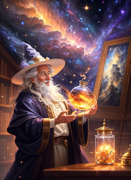 Style-NebMagic,  an award winning masterpiece character concept art of solo, old wizard holding up a jar filled with celestial Style-Nebmagic, magic jar, wrinkled skin, super sparkling shimmery jar, wizard hat, jovial, short old man, inside a ((magical library)) where the ceiling is made of stars,  full body, close up, looking at viewer, mysterious ambiance, mystery, intrigue, laughter, dynamic lighting, beautiful lighting,  <lora:torinoAquaStyleLora_v1:0.25>