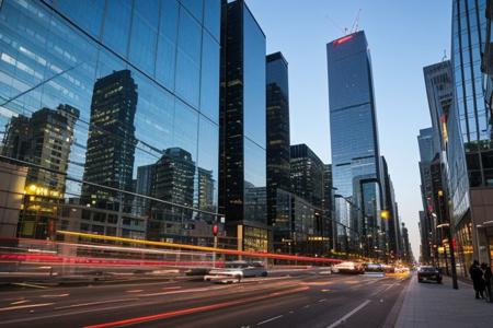 A city skyline is mirrored in the glass facade of a towering skyscraper, its sleek surfaces capturing the hustle and bustle of urban life in a symphony of light and shadow. The reflections dance and flicker with the passing of cars and pedestrians, creating a dynamic tableau that blurs the lines between the real and the imagined.