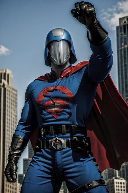 (RAW photo:1.2),(masterpiece:1.4),(photorealistic:1.4),(best quality:1.4),
(upper body:1.4),<lora:GI Joe-Cobra:1>,gijoe-cc,1man,solo,male focus,cape,gloves,superhero,belt,black gloves,blue helmet,red cape,holding,bodysuit,mask,blue bodysuit,Outdoor,City Ruins,(fighting pose:1.2),Cotton Fabric,cotton clothing,Daytime,Noon,