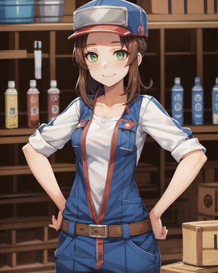 best quality, (masterpiece:1.2), illustration, absurdres,
(1girl), (solo), (beautiful detailed girl),
<lora:Wendy:0.9>, Wendy, brown hair, medium hair, green eyes, small breasts,
blue overalls, open clothes, open overalls, white tshirt, engineer, mechanic, tools,
blue hat, blue and red headwear,
inside intricate pawn shop, general store, fantasy medieval store, table, boxes, bottles, crates, barrels,, hands on hips, __ shot__, looking at viewer, smile