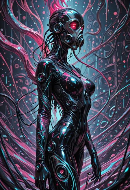 masterpiece, best quality, absurdres, very aesthetic,, asymmetric, angled side view, abstract image of an fever dream, feminine, fluid swirls, organic, sinister intent, bizarre, cybernetic, plague, octane render, sinister color pallet, volumetric light,