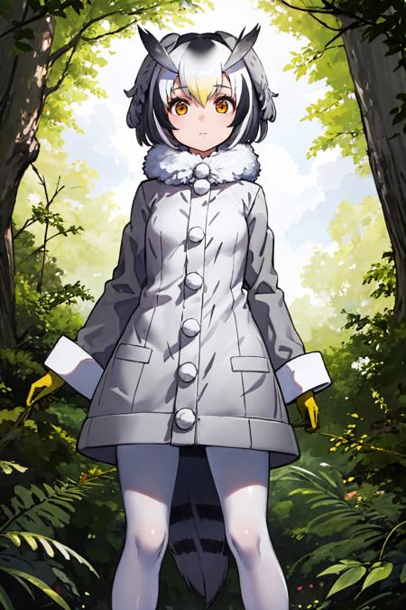 profkonoha, head wings, tail grey coat, fur collar, long sleeves, yellow gloves, white pantyhose