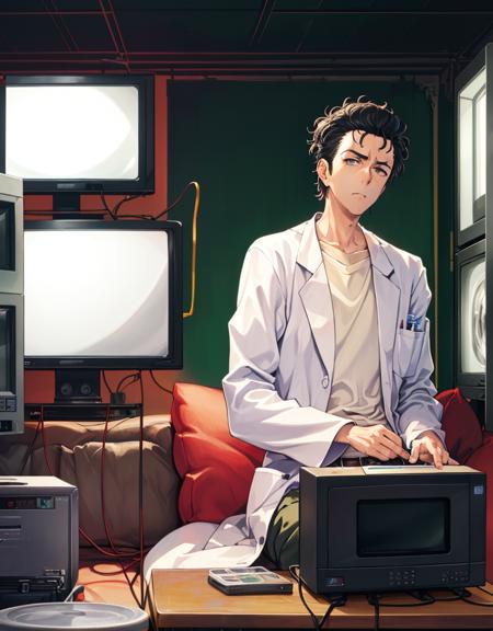 masterpiece, best quality, 1boy, ((okabe)), portrait, scientist, (computers, CRT, microwave, couch, messy, detailed background), <lora:okabe:0.6>