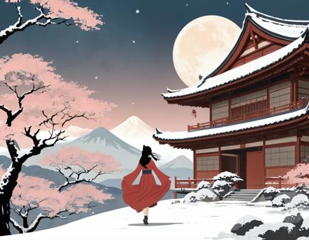 vintage travel poster Mega sword behind back, Waves, Small Woman, Winter, japanese old house, red skirt, Dragon in the sky, Dragon around the SUN, Round dragon, Long dragon, thin dragon, stars, falling asteroid, Cat Ears, cosmos, Black Kitsune Mask, pastel colors, low saturation, no Face, Turning Back, Sakura tree . retro fonts, muted colors, scenic illustrations, iconic landmarks, distressed textures, nostalgic vibes