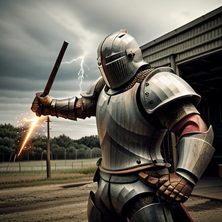 Wooden knight shooting lightning from his hands at power poles, 8k extreme detail, Outside, standing next to a metal machine, realistic, perfect, no mistakes,