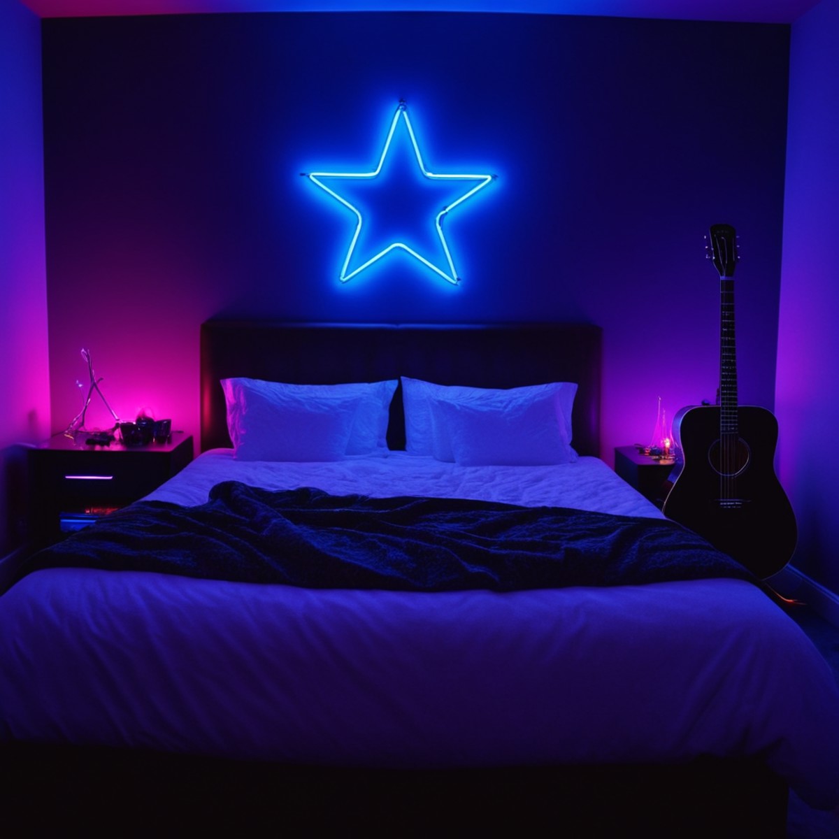 cinematic film still of  <lora:Ultraviolet lighting Style:1>
a bedroom with a bed and a neon lit wall Ultraviolet lighting...