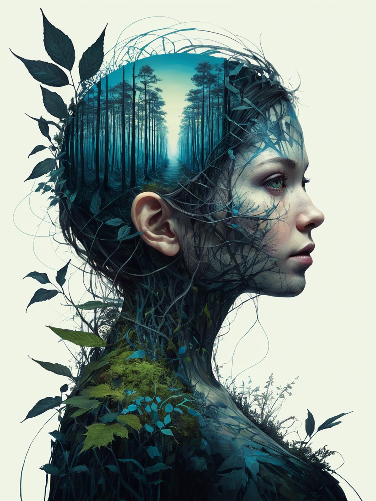 Face of a woman with tree branches growing from her head and neck, creating a forest-like appearance.