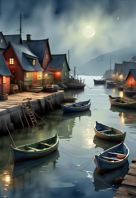(watercolour landscape style:1.2), painting, illustration, very beautiful,(8k, best quality, masterpiece,  Fisherman, cloaked figure, weathered leather apron, beard whiskers, lantern in hand, casting net over the dark blue waters, a single red buoy bobbing gently. Enchanted fishing harbor, ancient wooden structures, docked boats with glowing runes, moonlight reflecting off the water's surface, mysterious mist veiling the shoreline. Catching magical fish, scales shimmering silver, eyes glowing green, tails flickering with sparks of energy, whispers of secrets echoing through the harbor air. Realistic, detailed, high-resolution, candid, lifelike,, highest quality, 32k, intricate details, <lora:sdxl_add-detail-xl>, <lora:sdxl_style_watercolour landscape style_ep05:0.7>