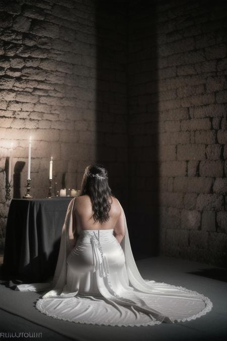 Photo•raw•8k uhd•dslr•high quality•ultra-realistic•realistic•realism•film grain overlay•Fujifilm XT3.
View from behind, dark gothic-style•candle-lit room•ancient stone altar.
1woman•wearing a (white satin gown dress)•(voluptuous)-body•kneeling.