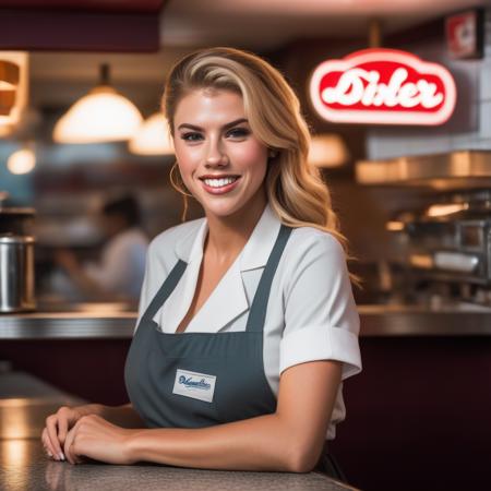 <lora:charlottemckinney_sdxl:1>  charlottemckinney portrait photo of a woman, smiling, welcoming, working as a waitress in a diner, 4k textures, soft cinematic light, adobe lightroom, photolab, hdr, intricate, elegant, highly detailed, sharp focus, ((((cinematic look)))), soothing tones, insane details, intricate details, hyperdetailed, low contrast, soft cinematic light, exposure blend, hdr,