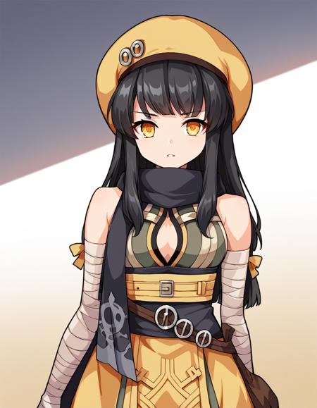  black hair, long hair, blunt bangs, long side bangs, amber eyes, sand beret, black scarf, aislin costume, bare shoulders, center opening, bandaged arms