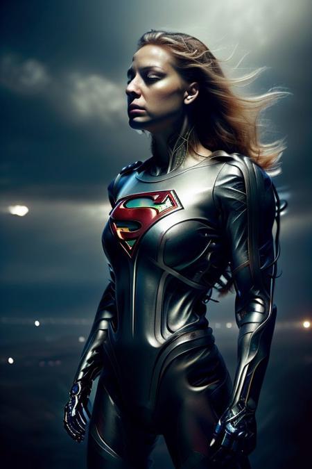 cinematic film still silverpulse, cyborg supergirl, 'S' Logo on chest, red cape, simple background, high quality, artistic, vibrant colors, detailed textures. futuristic sleek/glossy silver and blue glow, vibrant colors, detailed textures., Concept art, cyborg, background, vintage, modern, SilverPulse, superman_oc, <lora:SilverPulseMorphXL:0.8>, excellent composition, artistic, highly detail, holy, sunny, dynamic dramatic beautiful full taking . shallow depth of field, vignette, highly detailed, high budget, bokeh, cinemascope, moody, epic, gorgeous, film grain, grainy, side view,