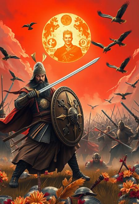 A star shines on the hour of our meeting. A full body picture of two warriors on the field of battle. One is a Mongolian Champion. He is armed with a sword and large shield and is engaged with a Samurai armed katana, wearing samurai armor. His head is covered with a samurai helmet. The scene is full of the energy of battle with many Mongolian warriors and Sasamurai warriors fighting all around them. There are buzzards in the sky the circle, waiting for their next meal to come. There is a blood red sky with a blazing sun beating down on the warriors.