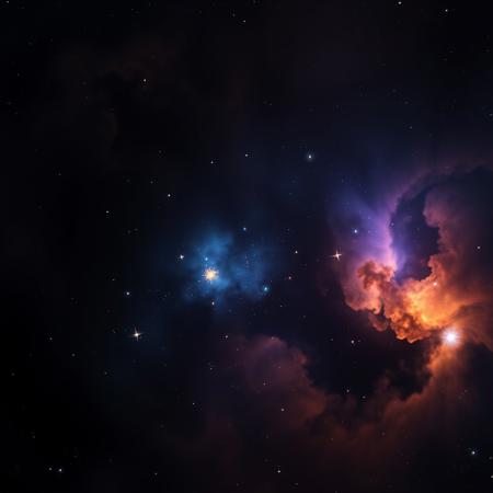 photorealistic dark translucent cosmic nebula in hues of black, blue, orange, and purple, and with 6 diffraction lines on stars