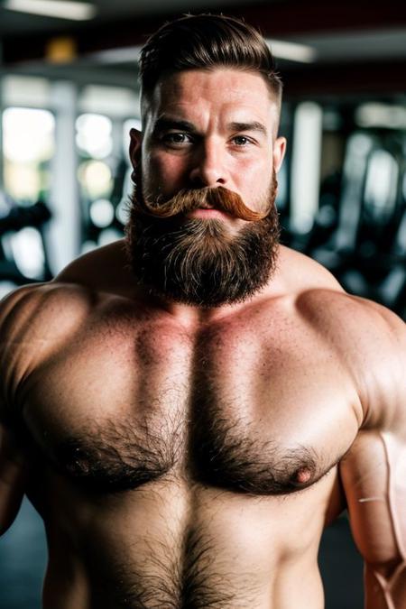 cinematic photo happy man big muscles, beard, moustache,   out of focus gym background . 35mm photograph, film, bokeh, professional, 4k, highly detailed
