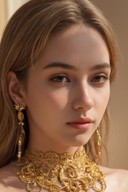 a superb woman's face made entirely of gold, high detail, hard shadows