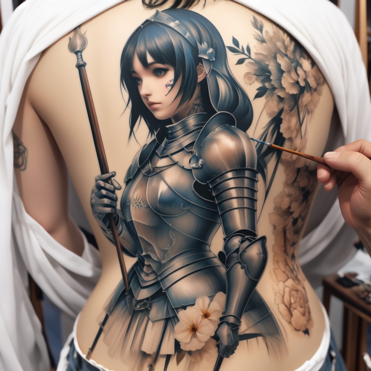 <lora:artist_hands_v2:0.7>, detailed  knight shaped tattoo on_back, holding paintbrush, painting (action), art brush