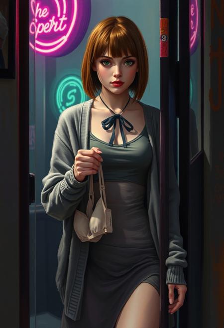 A detailed oil painting of Eez, in her early 20s, stands quietly near the entrance of a club she is leaving with an hypnosis act called "The Spiral Serpent" is going on. Eez is unaware that she is holding a bra and panties in her hand, her tall, slender figure blending into the shadows of the bright neon lights. Her brown hair, just past neck-length, is neatly tied with a small, dark bow that adds softness to her modest appearance. Slightly hunched, she embodies a shy and reserved nature. Dressed in understated, neutral clothing—an oversized gray cardigan over a loose top and medium-length skirt—Eez fades into the background. Her movements are soft and deliberate, reflecting a timid energy as she seeks shelter against the bustling world. Her green eyes scan the room with subtle wariness, as if she prefers to observe from a distance. There’s a gentle, mouse-like quality to her presence—careful and unobtrusive—yet her delicate beauty remains unnoticed by most. The neon lights cast muted colors across her face, but in the dim light, she stays a figure on the periphery, content to avoid the spotlight. The bow in her hair serves as a delicate reminder of her quiet charm.