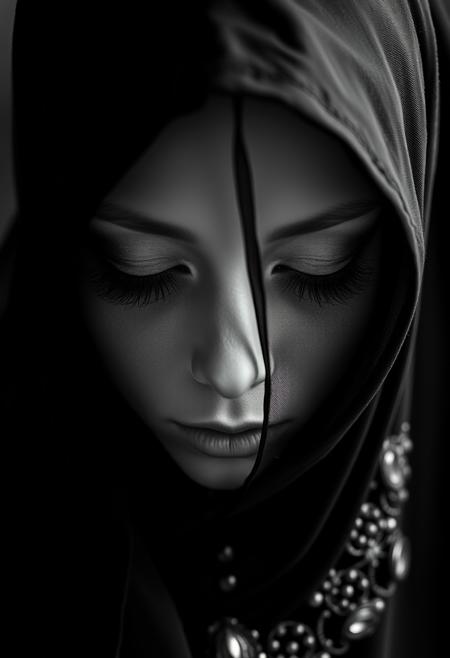 Extreme Close Up shot, Symmetrical front view, shadows, the princess of black coal, albino, closed eyes, black veil covers her face, black and iron ornamented robe, shrouded and darkness, beautiful, grain photo, black and White photo, Roger Ballen, extremely detailed
