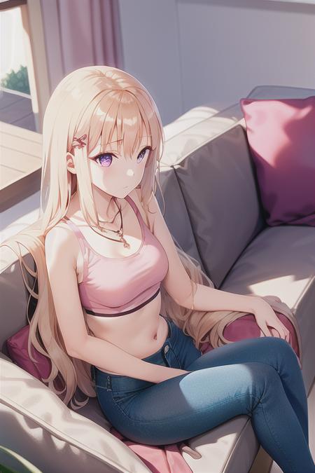 Saki, 1girl, blonde hair, hairpin, long hair, calmly, pink blouse, necklace, jeans short, croptop, purple eyes, living room, seating, sofa, (home clothes), (masterpiece)