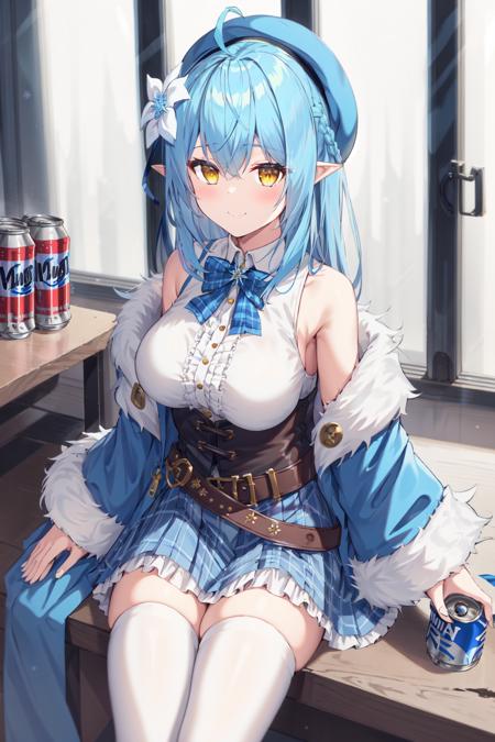 photo of a iom girl,  <lora:Yukihana_lamy:0.4>, boots, sitting, indoor, in the room, drinks, beer_cans, The beer_cans roll around, footwear, yukihana lamy, french braid, white thighhighs, frilled skirt, blue skirt, plaid bow, clothing cutout, beret, large breasts, bare shoulders, blue bow, white shirt, snowflake hair ornament, sleeveless shirt, blue hair, blue coat, virtual youtuber, yellow eyes, pointy ears, corset, belt, white headwear, heart ahoge, center frills, hair flower, fur-trimmed sleeves, long hair, fur-trimmed coat, 1girl, cowboy shot, smile, glow, flush