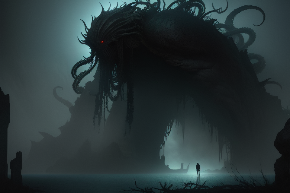 (the ancient cthulhu in the ocean:1.3). monster. ancient atmosphere. swamps color. (sunken ships:1.2). fog. (very dark and...