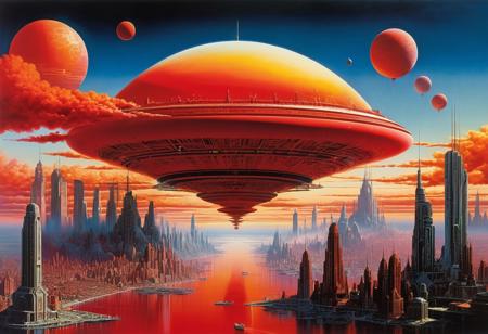 Magnificent City landscape, retrofuturism; city floating in the red ocean, sunrise, lenticular clouds; intricate detail, triadic colors, cosmic sky, cyberpunk art; Stephen Gammell, Raffaello Ossola, Johan Egerkrans, Rovina Cai, Laurie Lipton, Asaf Hanuka, Tetsuya Ishida, colors are red and orenge and yellow