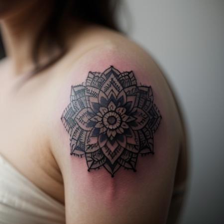 cinematic film still Mandala tattoo design . shallow depth of field, vignette, highly detailed, high budget, bokeh, cinemascope, moody, epic, gorgeous, film grain, grainy