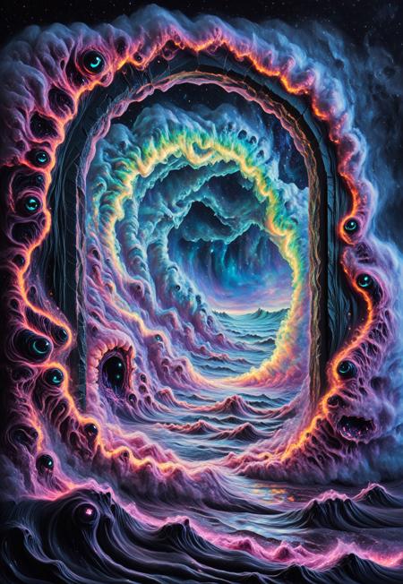 From a distant planet, a portal framed by an intricately carved, ancient obsidian archway, subtly inlaid with luminescent threads of light. Around the edges of the frame, ghostly spirits of black-eyed amphibious cyclops-rodents cling to it screaming out in horror and desperation as their ghastly bodies dissipate behind them and they are pulled in clouds of smoke out into the vast dark nothingness all around. 
Through the portal, a window into another dimension, where a cosmic, layered, surreal scene unfolds: all life and all worlds, represented by waves and colors, pulled apart and brought together in an endless flux. Past and future blend together in the sin-wave brainwave. The pulsing of the universe, twisting through myriad colors into an ever-darker abyss. Swirling vapor-wave clouds blend with ocean-waves and sound-waves, energy-waves and brain-waves, coming into the black-sand shoreline on a distant unknown shore. The clouds and waves blend together as they wash over the shore and the sky--everything blending, textures and colors. Luminous brush strokes of melted aurora streak through the sky, breaking it open, revealing but another dimension and infinite set of worlds, each sky opening again until the gaze of heaven is revealed. 
This artwork is mixed-media, impossible to create, impossible to shake yet impossible to hold. It is a mind within a dream within a mind. It is a masterpiece that is both unforgettable and sublime. 
