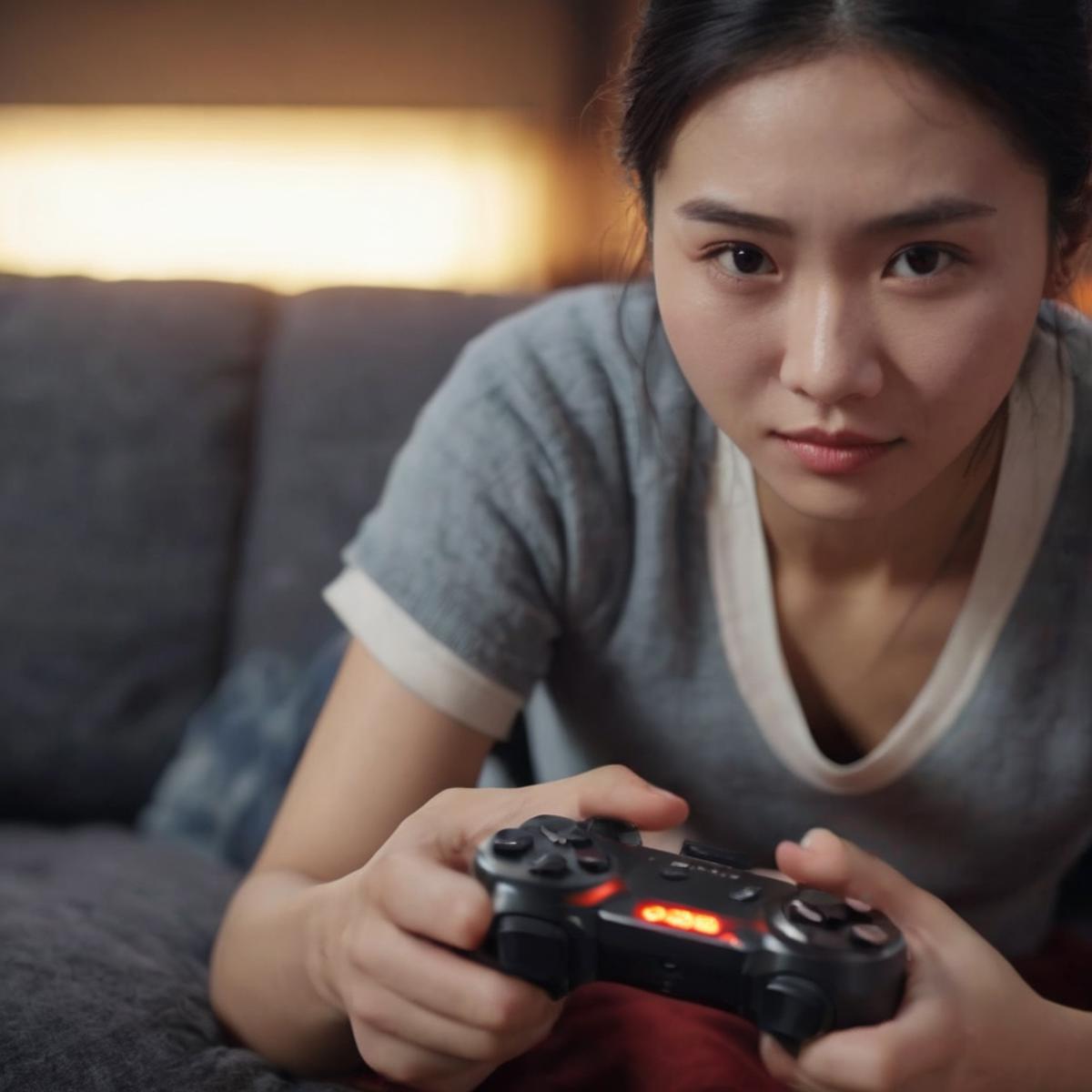 A woman playing a video game on a couch.