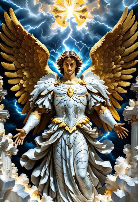 (hyper-detailed close-up:1.4), (archangel with six fractured wings:1.3), feathers half-burned/half-pristine, glowing cracks in pearl, eyes like molten gold, flowing robes, floating in a stormy heaven, lightning illuminating celestial armor, (background: crumbling pillars of paradise), (style: Caravaggio meets Final Fantasy), extream close-up, Liquid Marble
