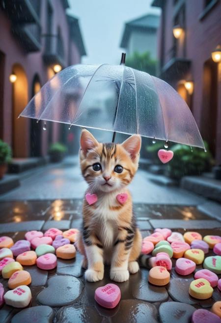 score_9, score_8_up, score_7_up, masterpiece-level, highly detailed, fantasy-themed, cute animal focus, really cute animal, cute focus, intricate details, vibrant and hilariously relaxed aesthetics, (rain made from candyhearts,:1.5) , tiny candy hearts poaring, (raindrops made from candyhearts,:1.5) holding, umbrella:2, raining, kitten:2, standing, photorealistic render with Warframe aesthetic, dramatic lighting, best quality, plastic umbrella, (raindrops made from candyhearts:1.5)visible to shelter protecting a tiny, shivering calico kitten kitten nestled in a dark, atmospheric alleyway between high-tech buildings, (rain made from candyhearts:1.5) pouring down dramatic nighttime lighting, illuminated primarily by streetlights and the focusing on the kitten huddled safely, cute kitten, protection, rainy night, umbrella, juxtaposition, touching moment, sci-fi elegance, masterpiece, best quality, best quality, absurdres, 8k, HDR, <lora:albrecht_labs:1>
