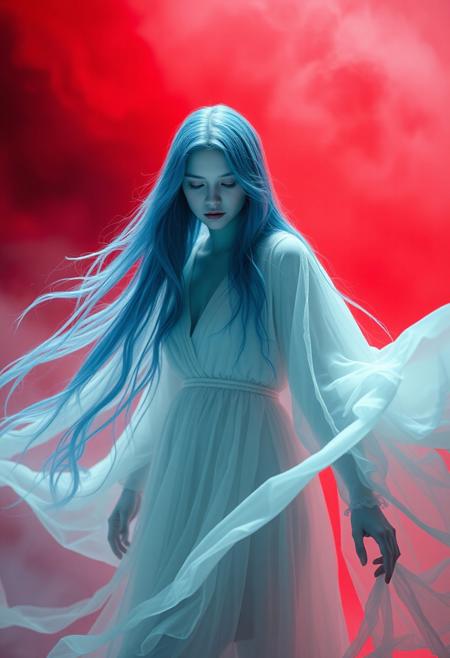 ghostly woman, ethereal figure, flowing white robes, (haunting presence:1.3), pale skin, long flowing blue hair, spectral glow, eerie atmosphere, (vibrant red background:1.3), misty background, soft lighting, (translucent:1.2), otherworldly, delicate yet unsettling, (haunting beauty:1.4), high contrast, bold colors, supernatural aura, high quality, (ghostly apparition:1.3)