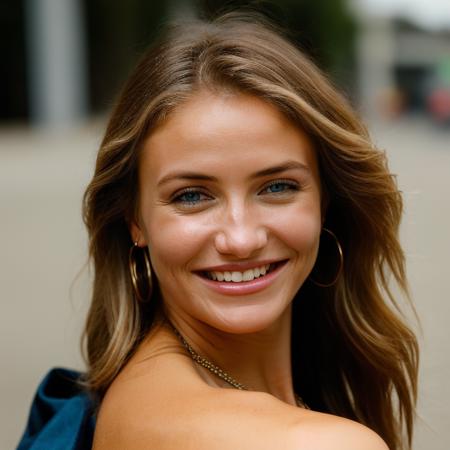 Realistic photo of a beautiful c4m3r0nd-v2 woman, 1girl, solo, long hair, looking at viewer, smile, blue eyes, blonde hair, simple background, teeth, grin, lips, makeup, blue background, portrait, realistic, soft lighting, professional Photography, Photorealistic, detailed, RAW, analog, sharp focus, 8k, HD, DSLR, high quality, Fujifilm XT3, film grain, award winning, masterpiece<lora:c4m3r0nd-v2:1.0>