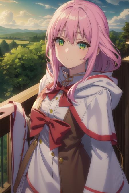 nornclatalissajioral, <lora:norn clatalissa jioral s1-lora-nochekaiser:1>,
norn clatalissa jioral, long hair, hair between eyes, (green eyes:1.5), pink hair, smile,
BREAK long sleeves, dress, bow, red bow, hood, robe, white robe,
BREAK outdoors, forest, nature, grass, trees, sun, sky, clouds,
BREAK looking at viewer, (cowboy shot:1.5),
BREAK <lyco:GoodHands-beta2:1>, (masterpiece:1.2), best quality, high resolution, unity 8k wallpaper, (illustration:0.8), (beautiful detailed eyes:1.6), extremely detailed face, perfect lighting, extremely detailed CG, (perfect hands, perfect anatomy),