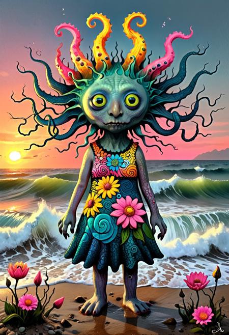 colorful, creepy drawing, simple illustration, illustration. creepy, scary 
A full-body shot of a cute Cthulhu creature, Stylized anthropomorphic character surrounded by waves and sunset, Stylized female figure with a mosaic-patterned dress and flowers, Michael Cheval, Simon Stalenhag, James Bama, with a gradient of colors including pink, blue, and yellow, in a flat art cartoon style, in a whimsical and surreal style, with feminine curves, in a balanced and centered composition, abstract shapes in gradient colors, captures a harmonious blend of organic and mystical elements, surrounded by pink flames., dark grey, fine lines and smooth gradients create a harmonious look