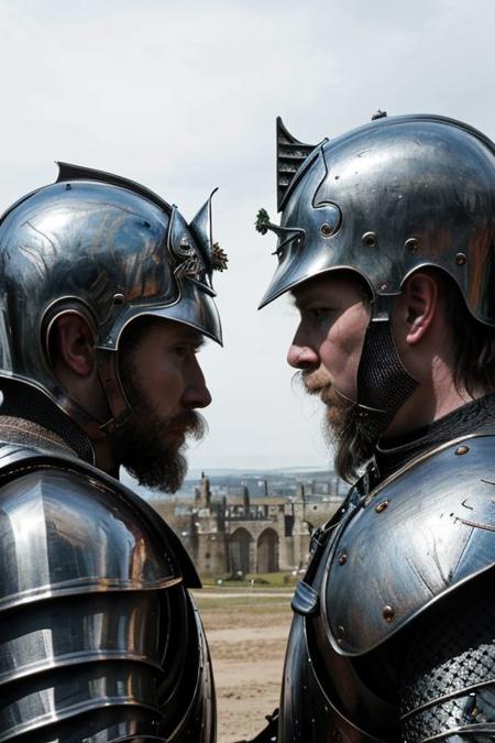 Pencil sketch, intricately detailed, rich shadows, highest resolution, highest quality, 8k UHD, 
the best perfect realistic HD ultra HD 4k image ,battle between knightsmedieval, nearby castle, weapons swords, super realistic picture 4k resolution, ultra HD, realizam, detailed visualizations of knights and landscape, detailed image of their faces and weapons and armor