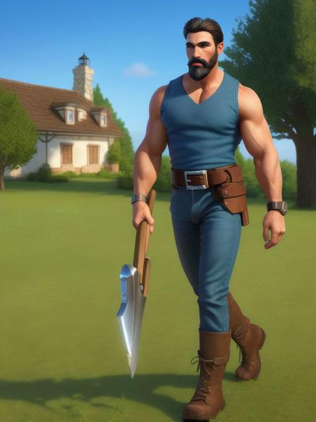 <lora:Warcraft3_peasant:0.7> solo, looking at viewer, short hair, black hair, 1boy, holding, weapon, male focus, boots, outdoors, sky, day, belt, pants, armor, tree, blue sky, muscular, feet out of frame, facial hair, thick eyebrows, grass, muscular male, bara, beard, walking, mature male, fence, mustache, axe, manly, house, realistic, 8k, ultra hd, beautiful, professional, highres, absurdres, award winning, photorealistic, ultra highres, sharp focus, best quality, extremely detailed, masterpiece, hyper-detailed, photographic, perfect detailed hands, perfect face, perfect body, perfect eyes, perfect lips, perfect nose, perfect hands, perfect fingers