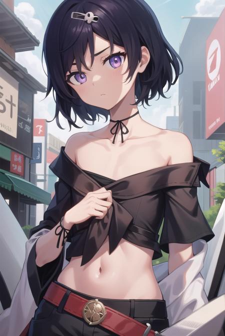 rukaurushibara, <lora:rukatest:1>,
ruka urushibara, 1boy, black hair, choker, hair ornament, hairpin, male focus, otoko no ko, (purple eyes:1.1), ribbon, ribbon choker, short hair, skull, skull hair ornament, trap, (flat chest:1.2),
BREAK belt, black belt, black ribbon, black shirt, collarbone, midriff peek, navel, off shoulder, off-shoulder shirt, pants, red pants, shirt, short sleeves,
BREAK looking at viewer,
BREAK outdoors, city,
BREAK <lora:GoodHands-vanilla:1>, (masterpiece:1.2), best quality, high resolution, unity 8k wallpaper, (illustration:0.8), (beautiful detailed eyes:1.6), extremely detailed face, perfect lighting, extremely detailed CG, (perfect hands, perfect anatomy),