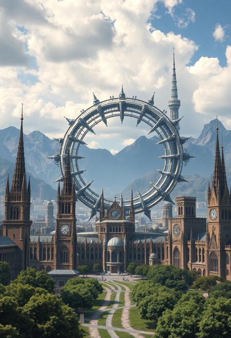 Image is a digital artwork depicting a futuristic cityscape with a massive, circular structure dominating the skyline. The style is highly detailed and realistic, showcasing intricate architectural designs. The circular building is metallic and appears to be a fusion of a traditional clock tower and a space station, with numerous spires and towers extending from its surface. Surrounding the central structure are other tall buildings with clock faces, reminiscent of Gothic architecture, featuring pointed arches and ornate detailing. The city is set against a backdrop of mountains under a partly cloudy sky, creating a dramatic and expansive scene. The foreground includes lush greenery and pathways, suggesting a blend of nature and advanced technology.