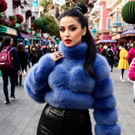 Generate an DISNEY LAND THEME PARK  image of an arabic woman, slick, black hair, goth makeup,  wearing a disney fur mascot suit with ((whf fur high neck sweater with high neck around whf fur collar)) that is oversized but puffy.
(!!!MAKE sure the mascot suit gives the character a roundand puffy shape and features the vibrant colors of a DISNEY CHARACTER, also make the hair of the character slick mid-high ponytail, black hair, glam makeup!!!)