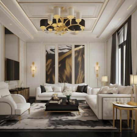 ultra realistic, best quality, masterpice, ultra high res, raw photo,
black white living room, luxury gold, daylight, ceilling lamp <lora:blackwhitelivingroom:0.5>