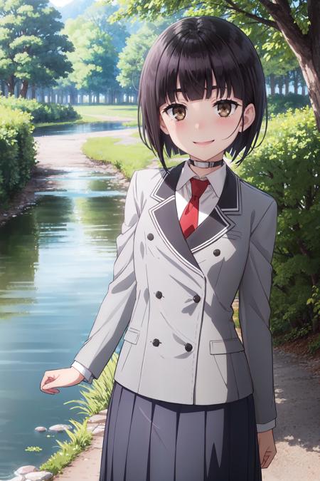 (masterpiece, best quality:1.4), looking at viewer, cowboy shot, smile, blush, otome saotome, short hair, black hair, blunt bangs, brown eyes, choker, school uniform, grey jacket, red necktie, long skirt, outdoors, path, trees, river, <lora:otome_saotome_v1:0.7>