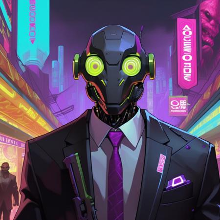 Digital Art Style of a (a close up portrait facing the camera) (((Evil Cyberpunk Megacorp Overlord in a suit))Movie Poster of A A atompunk robot Smiling and scarred they are a (((Black Market Dealers))) holding gun with a background of Virtual Reality Arcades.) Shadowrun Neuromancer world of Warcraft game art concept art digital painting,<lora:Mythoscape Visions - Digital Art Style of a:1>