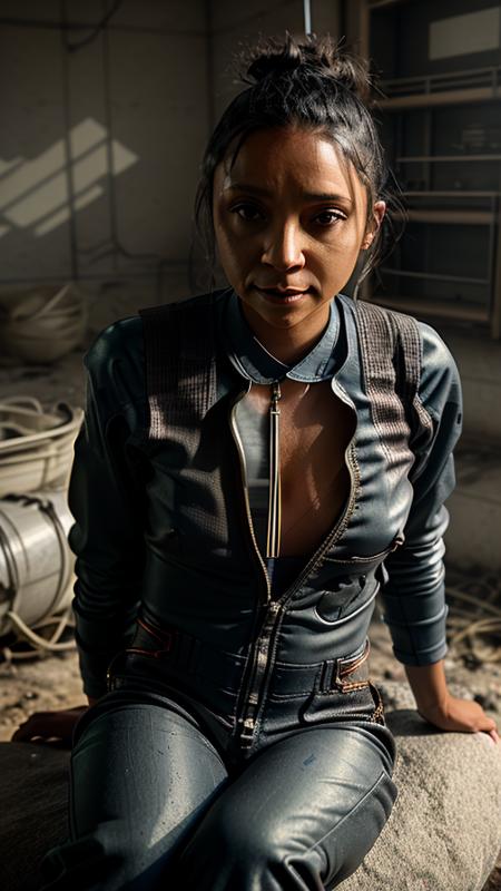 DanielleAI, wearing a nomex bodysuit with tactical harness and gear, sitting on a rock in a dystopian hospital, 8k, highly detailed, photography, 35 mm, realistic, depth of field, photorealistic, fine texture, volumetric lighting, detailed skin texture, subsurface scattering  intricate, elegant, highly detailed, digital painting, artstation, concept art, smooth, sharp focus, illustration<lora:last:1>
