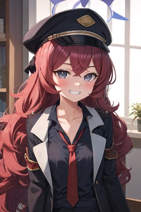 best quality, masterpiece, highres, solo, {iroha_bluearchive:1.15}, long_hair, red_hair, halo, bangs, blush, hat, hair_between_eyes, peaked_cap, black_headwear, grey_eyes, military_hat, necktie, red_necktie, smile, very_long_hair, 1girl, black_shirt, shirt, collared_shirt, grin, looking_at_viewer, upper_body, collarbone, indoors