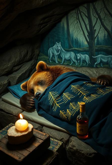 Closeup of a drunk degenerate grizzly bear sleeping on a stone bed in a cozy cave bedroom. There is a blue/green mural depicting wolves and bears on the back wall. There is a thin mattress on the stone bed and the bear is under a dark blue blanket with a forest theme drawn in yellow strokes. The dimly lit room is illuminated by a salt stone lamp on a small bedside table next to an empty rum bottle.