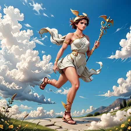 h_mercury,talaria,holding, staff, sandals, greek costume, runnning, background stunning sky with clouds